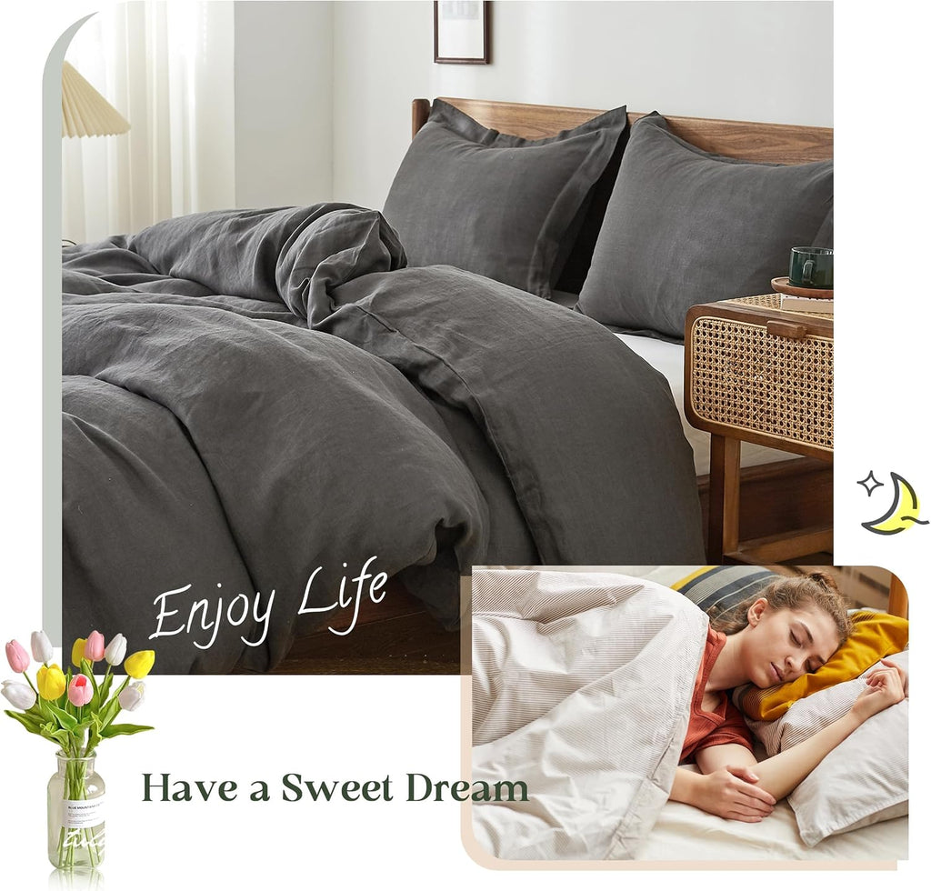 Simple&Opulence 100% Linen Duvet Cover Set, Natural French Flax Dark Grey Duvet Cover Twin Size, Breathable Soft Comfy Linen Bedding Comforter Cover with 1 Pillowcase(Dark Grey, 68'x86')