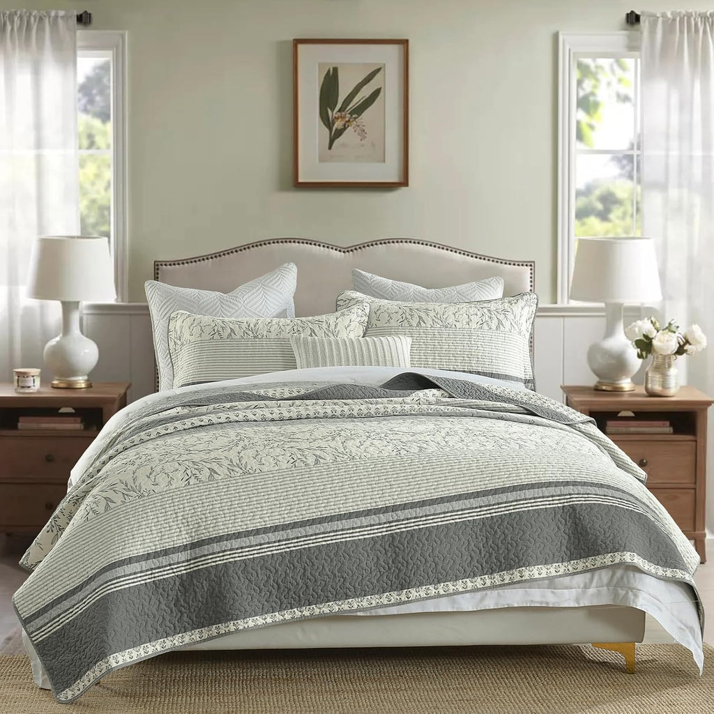 DDUOXIN 100% Cotton King Quilt - Modern Stripe King Size Quilt with 2 Pillow Shams, Bedspread Reversible Lightweight Comforter Bedding Set for All Seasons, Gray Quill/Harbor Mist/Star White