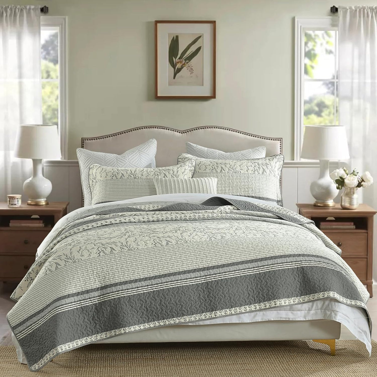DDUOXIN 100% Cotton King Quilt - Modern Stripe King Size Quilt with 2 Pillow Shams, Bedspread Reversible Lightweight Comforter Bedding Set for All Seasons, Gray Quill/Harbor Mist/Star White