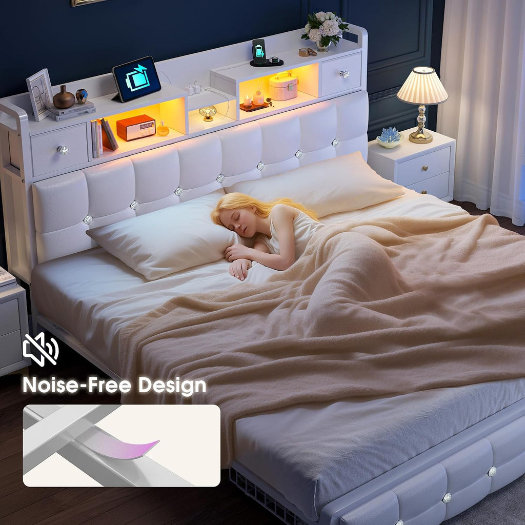 Homkdom Queen Bed Frame with 4 Drawers and Diamond-Tufted Upholstered Storage Headboard,LED Lights & Charging Station,1100 LBS Heavy Duty,No Box Spring Needed,Modern White