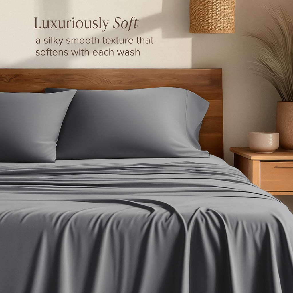 Bare Home 100% Rayon Made from Bamboo Luxury Sheet Set - 4 Piece Bedding Set - Deep Pockets - Cooling Sheets - Breathable - Easy Fit - Soft Bedding Sheets & Pillowcases (Split Head Flex King, Grey)