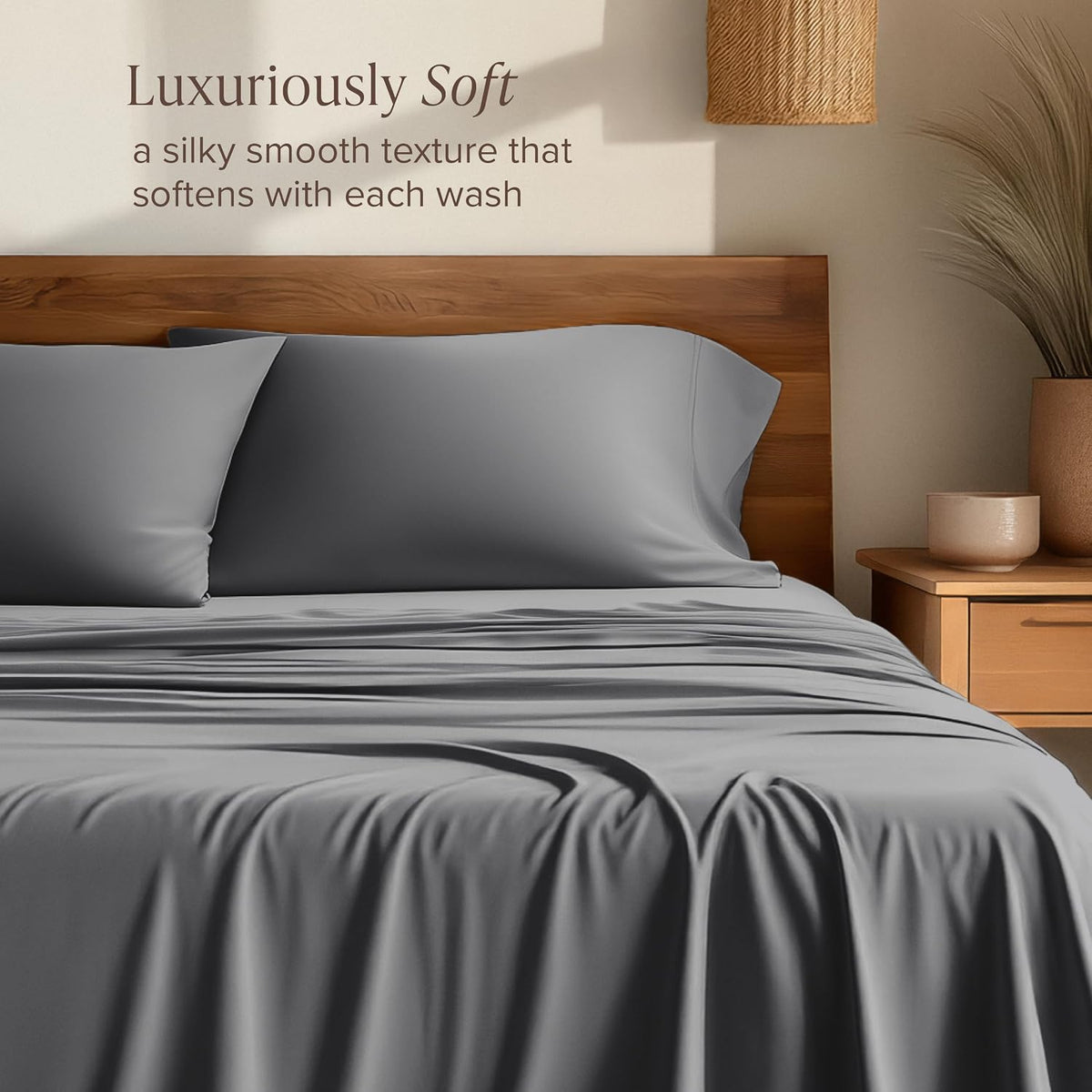 Bare Home 100% Rayon Made from Bamboo Luxury Sheet Set - 4 Piece Bedding Set - Deep Pockets - Cooling Sheets - Breathable - Easy Fit - Soft Bedding Sheets & Pillowcases (Split Head Flex King, Grey)