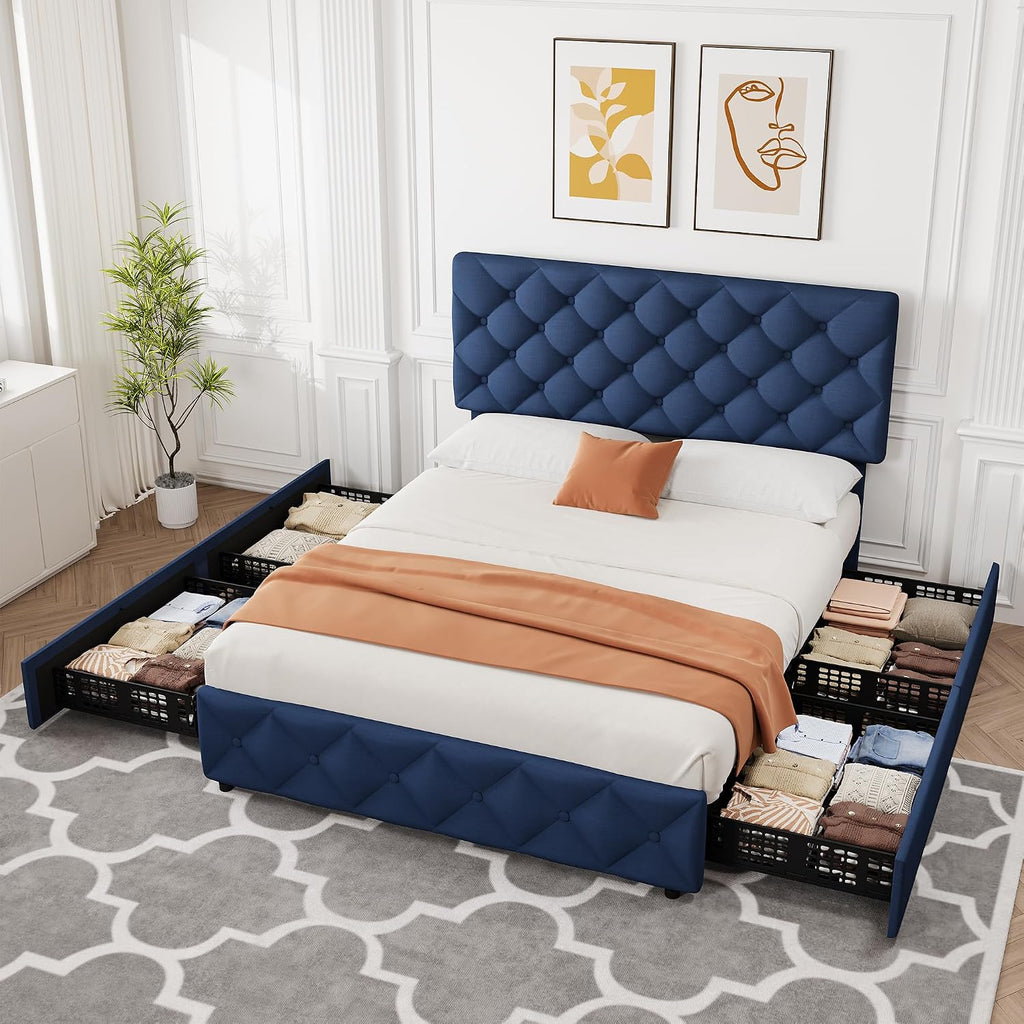 GarveeHome Queen Size Bed Frame with 4 Storage Drawers and Adjustable Headboard, Linen Upholstered Platform Beds, Diamond Stitched Button Tufted, No Box Spring Needed, Blue