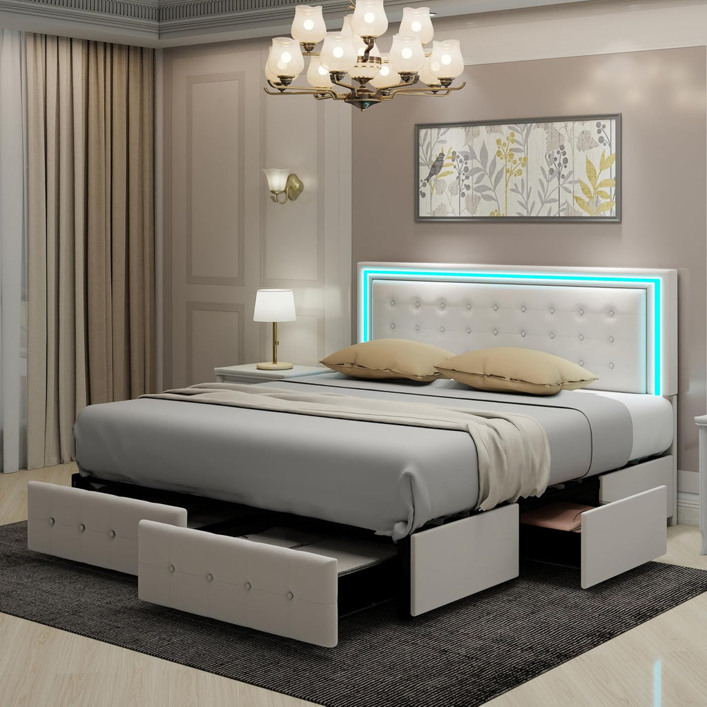 King Size Led Bed Frame with 4 Storage Drawers, Smart Control RGB LED Lights on Headboard, with Remote Control, Upholstered Adjustable Headbaord, Velvet