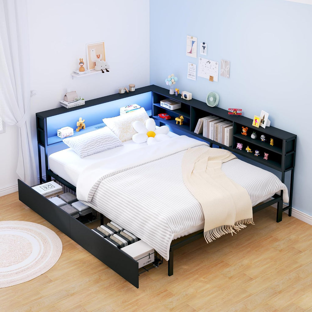 Corner Bed Frame Full with Storage, L Shaped Daybed for Kids,Full Corner Bed with Drawers, Shelves, RGB LED Lights & Charging Station, Sturdy Metal Kids Full Bed for Girls Boys,Black