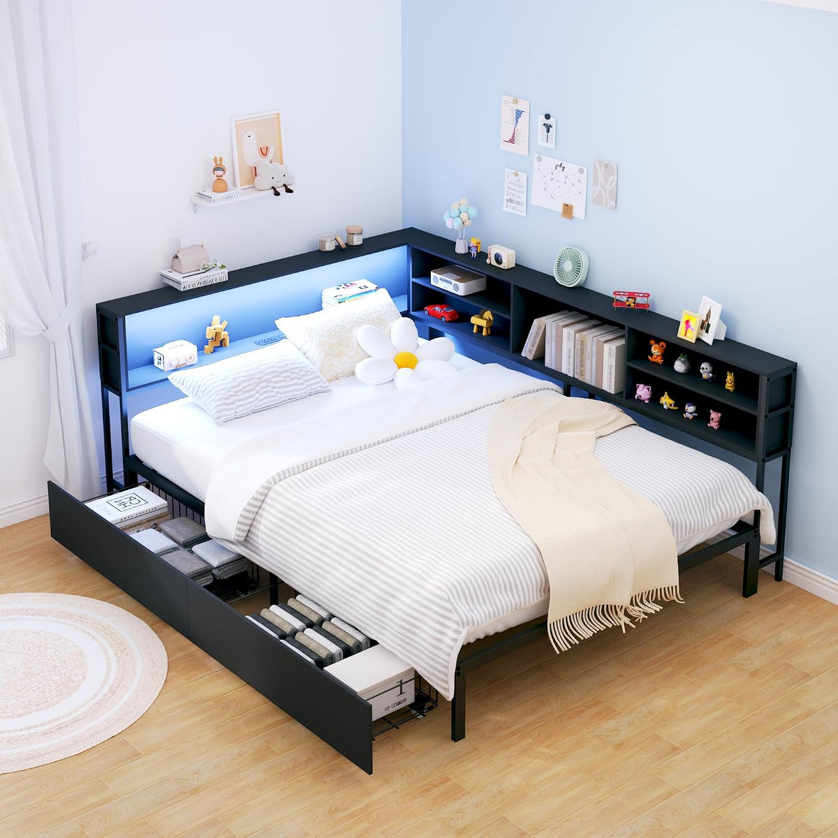 Corner Bed Frame Full with Storage, L Shaped Daybed for Kids,Full Corner Bed with Drawers, Shelves, RGB LED Lights & Charging Station, Sturdy Metal Kids Full Bed for Girls Boys,Black