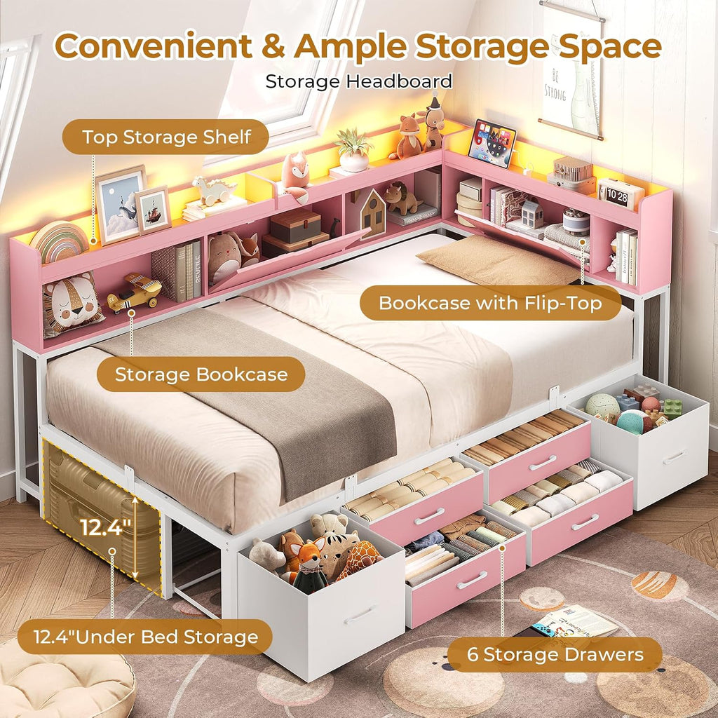 AOGLLATI Twin Corner Bed Frame with Bookcase and Hidden Storage & Metal Platform Twin Size Daybed with 6 Drawers,Charging Station, Led Lights- for Kids, Teens, Pink