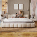 JIJIWANG Elegant Queen Size Upholstered Platform Bed，Boucle Ground Platform Bed with Checkerboard Design Thick Headboard and Footboard, Block Style, Beige