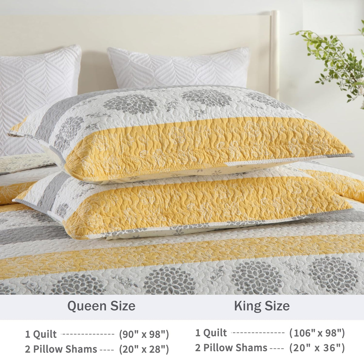 Homzard Quilt Queen Size-Comforter Queen Bedding Set,Yellow Gray White All Cotton Quilted Bedspread, Striped Floral Pattern Quilt Set,Lightweight Paisley 3 Piece,All Seasons