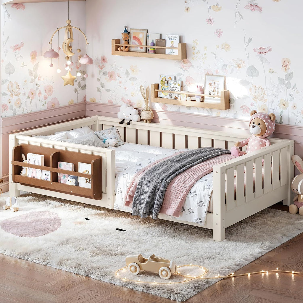 Bellemave Twin Size Montessori Floor Bed with Rails and Slats, Twin Size Floor Bed with Bookshelf and Fence, Low Profile Montessori Beds Frame for Girls, Boys, Beige