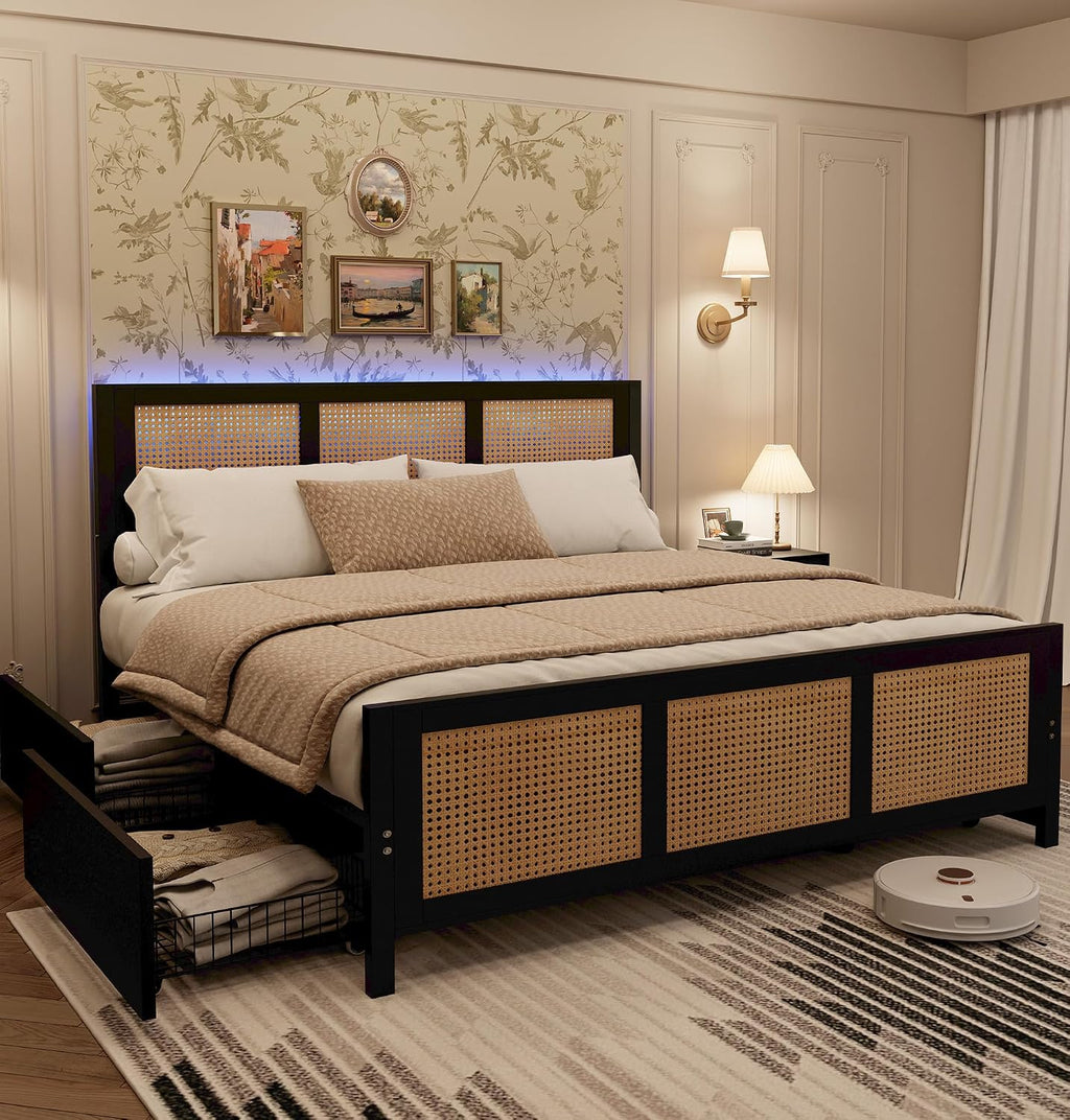 IDEALHOUSE Rattan Bed Frame with Storage Drawers, Boho Full Size Led Bed Frame with Strong Metal Slats Support, No Box Spring Needed, Noise-Free Design, Black