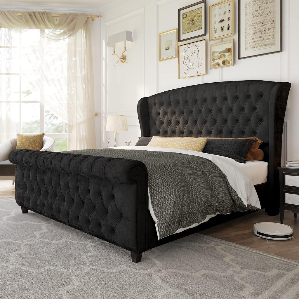 AMERLIFE Queen Size Platform Bed Frame, Velvet Upholstered Sleigh Bed with Scroll Wingback Headboard Footboard/Button Tufted/No Box Spring Required/Easy Assembly/Black