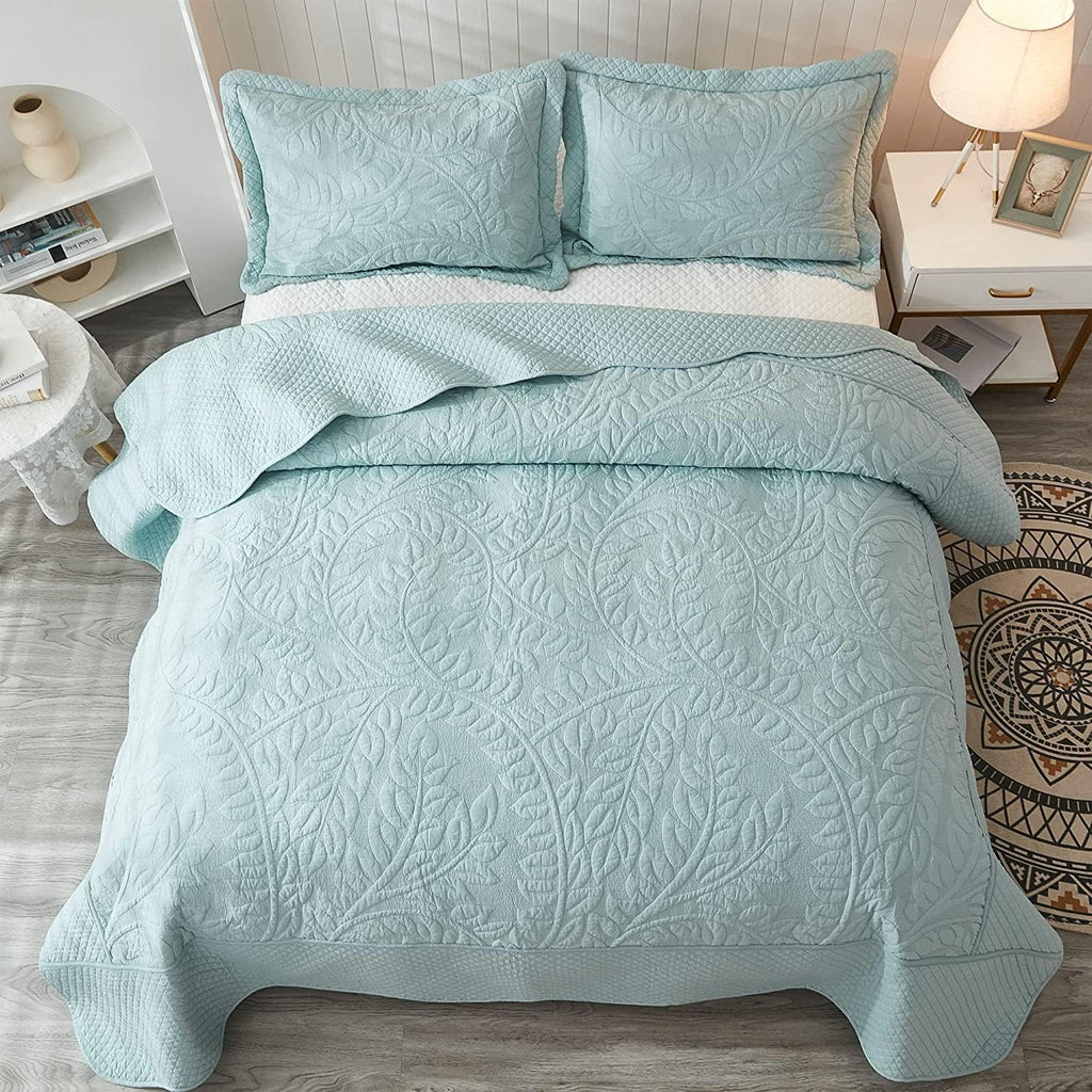 MarCielo 100% Cotton Quilt Set - 3-Piece Embroidered Farmhouse Bedspread & Shams, All-Season Breathable Bedding(Aruba Blue,King)