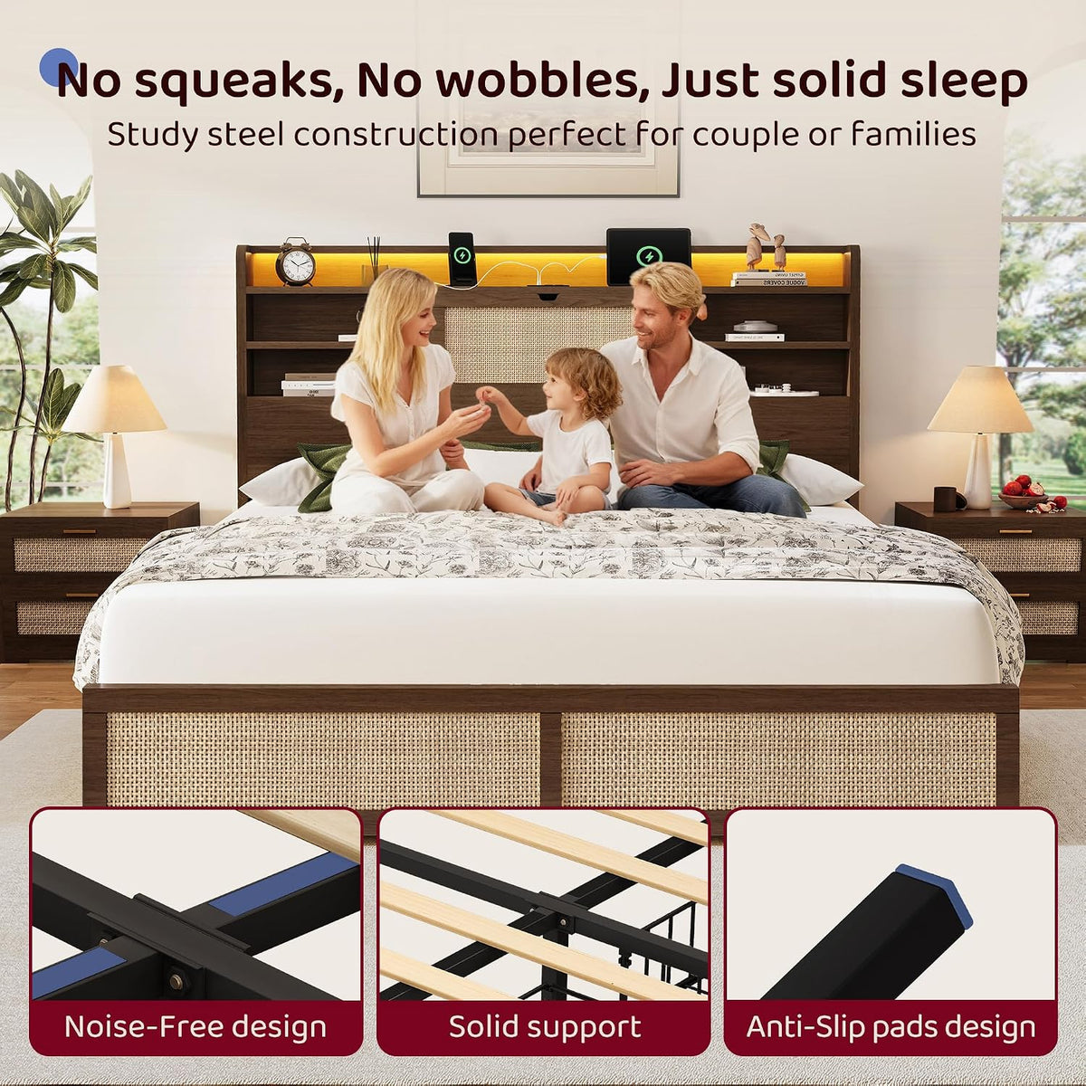 BRELTAM Queen Size Rattan Bed Frame with 4 Storage Drawers and Hidden Storage Headboard Wooden Platform Bed Frame with LED Lights and Charging Station, No Box Spring Needed, Easy Assembly, Brown