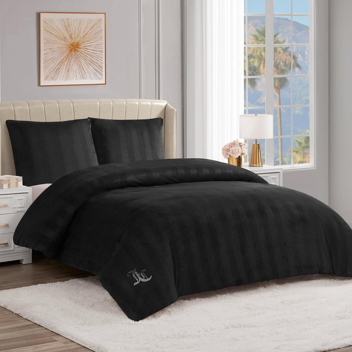 Juicy Couture Jenny Velour Striped Jacquard Queen/Full Size Comforter Bedding Set Ensemble - Black 3 Piece Set