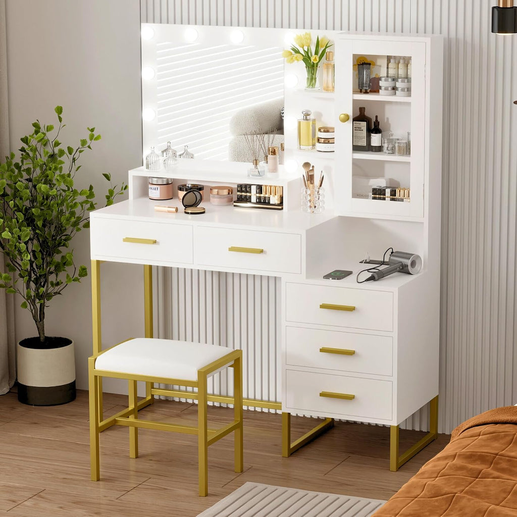 Vanity Desk with Mirror, Makeup Desk Set with 3 Color Lights and Chair, Modern Vanity Table with Drawers and Shevles, Dressing Table with Charging Station for Bedroom, White