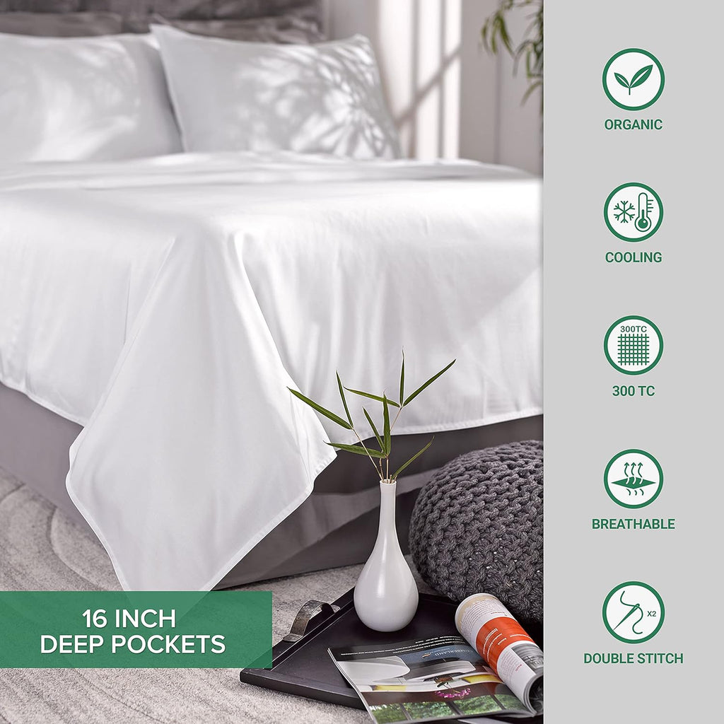 Pure Bamboo Split King Sheets, Genuine 100% Organic Viscose Derived from Bamboo Bed Sheet Set, Soft & Cooling, Double Stitching, 2 Fitted Sheets (Split King, White)