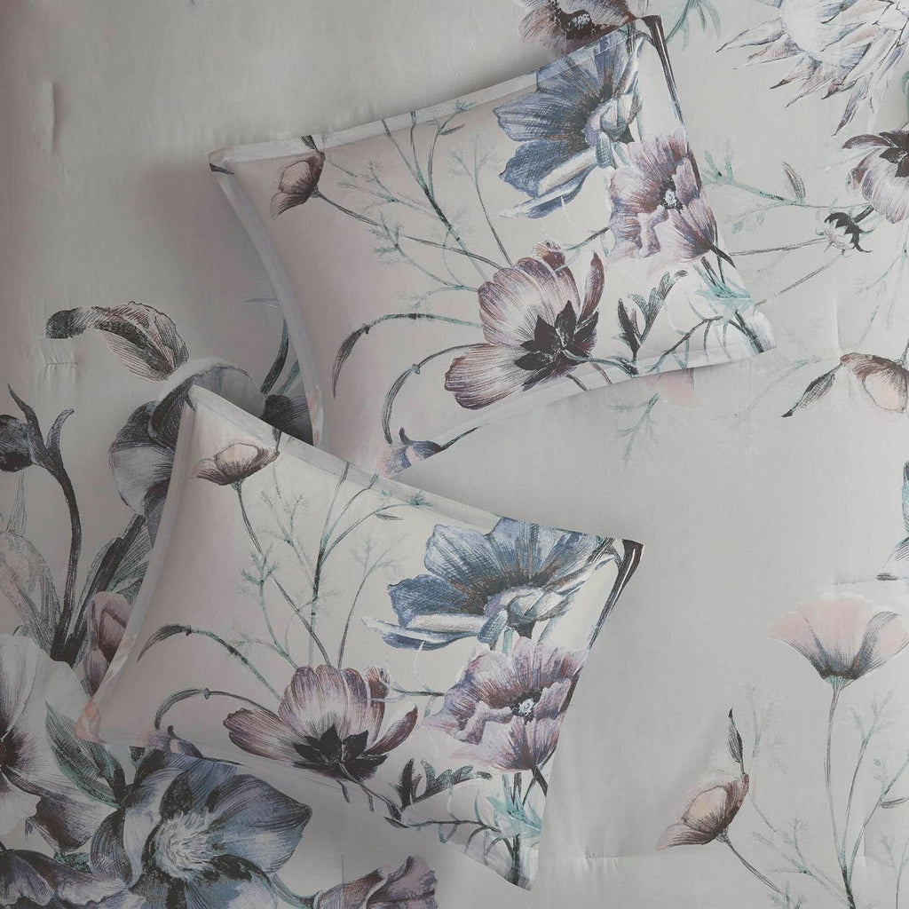 Madison Park Cassandra Cotton Blend Comforter Set - Feminine Design Colorful Floral Print, All Season Down Alternative Bedding Layer and Matching Shams, King (104 in x 92 in), Blue 8 Piece