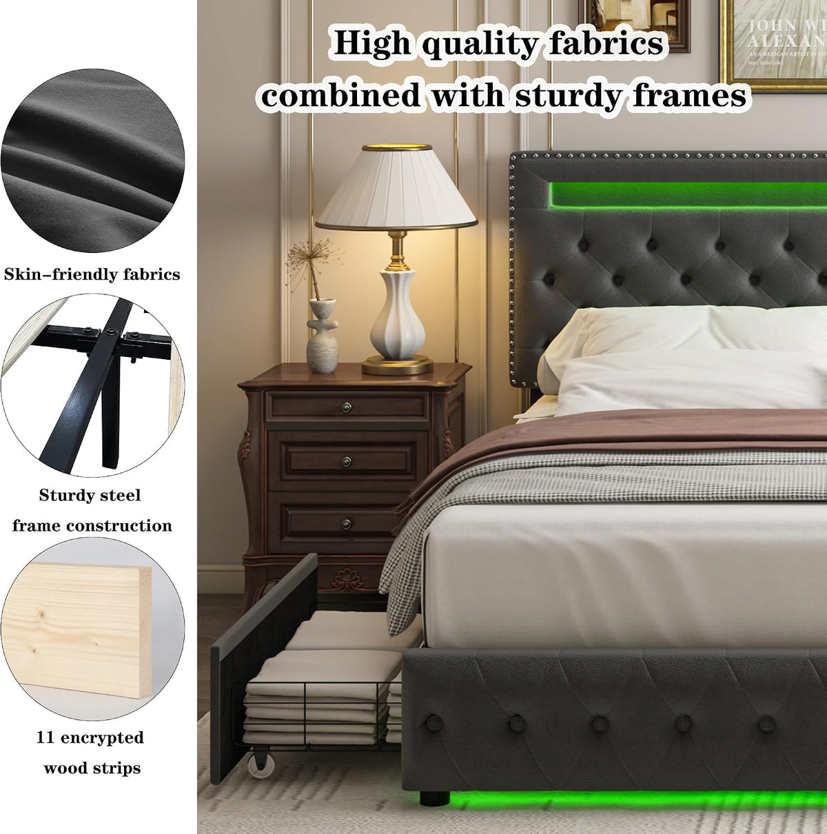 Full LED Bed Frame with 4 Drawers, Platform Bed with Headboard, Adjustable Upholstered Diamond Headboard and Frame, No Box Spring Needed, Wooden Slats Support, Velvet Gray