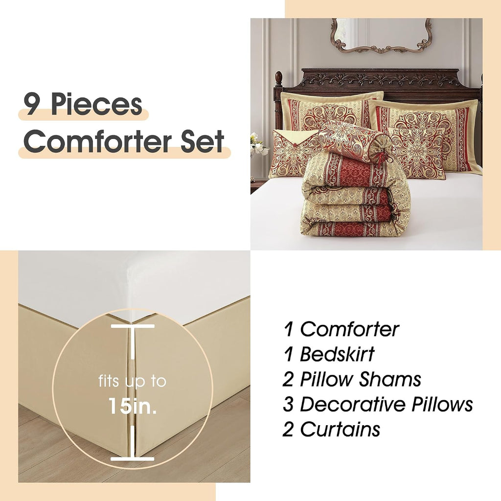 LANCO MODERN LIFESTYLE California King Comforter Set, Wine Gold Medallion Jacquard Design, Luxurious Bohemian 9 Pieces Bedding Set with Curtains, Decorative Pillows and Bed Skirt