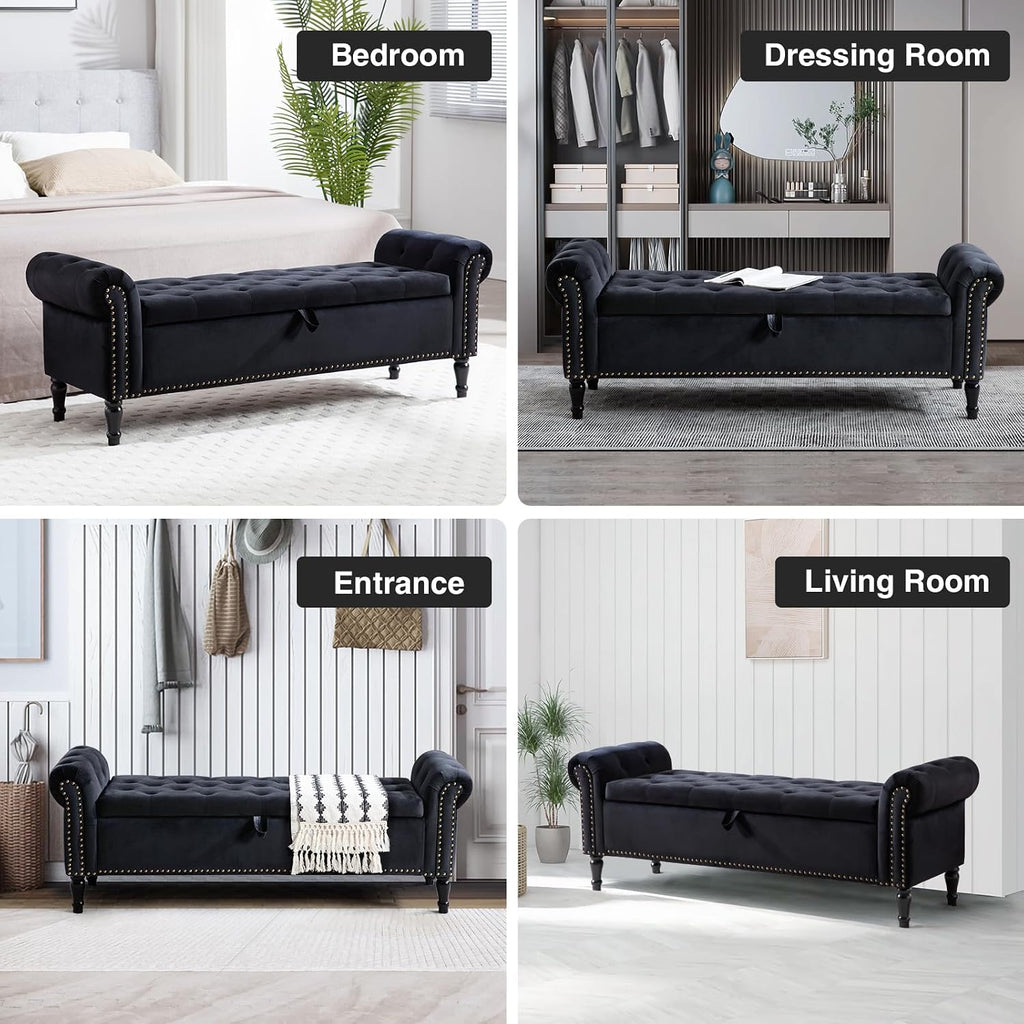 67'' Storage Bench for Bedroom End of Bed, Storage Bench for King Size Bed, Upholstered Tufted Storage Ottoman Benches with Arms for Living Room Entryway,Velvet Black