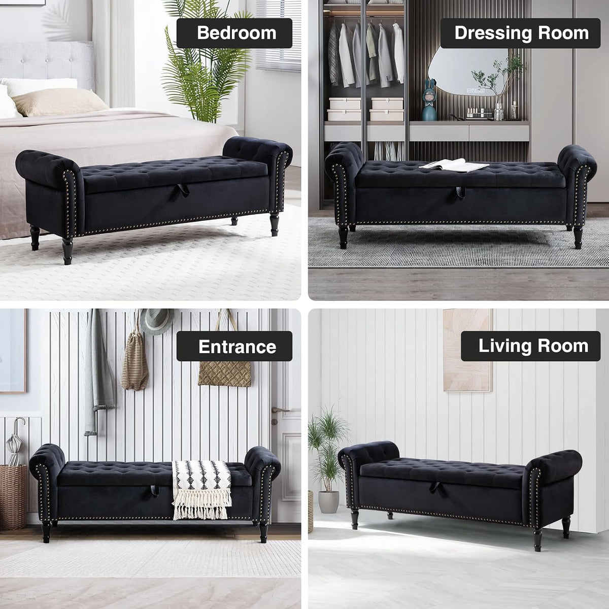 67'' Storage Bench for Bedroom End of Bed, Storage Bench for King Size Bed, Upholstered Tufted Storage Ottoman Benches with Arms for Living Room Entryway,Velvet Black