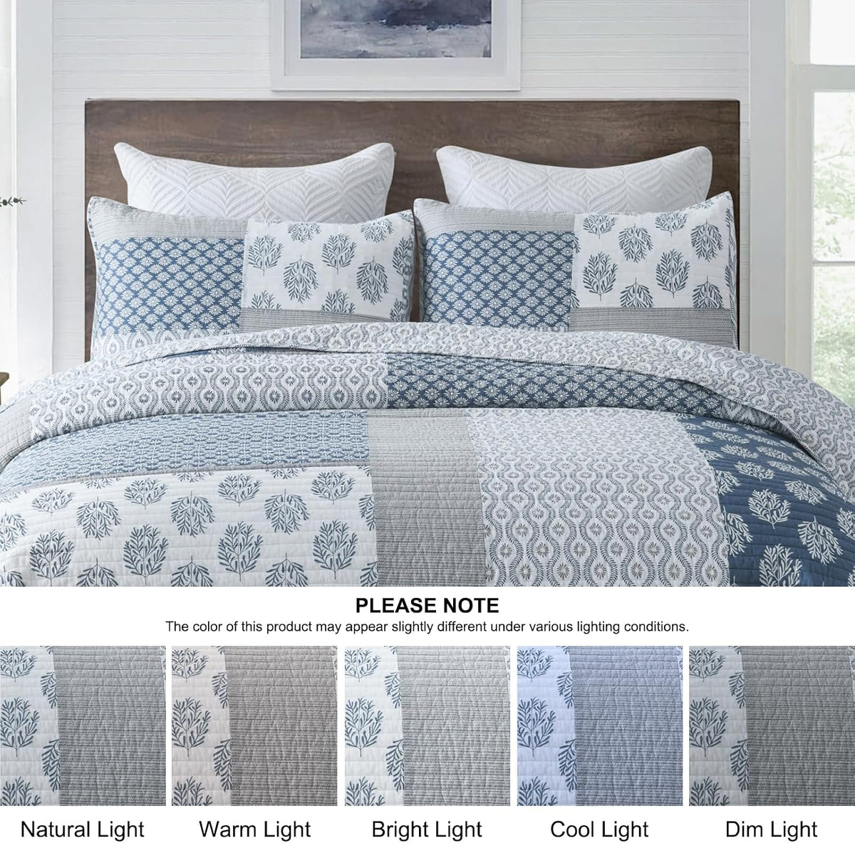 PANGUSHAN Quilt Set Queen Size, 100% Cotton Bedspread Quilt Bedding Set, Patchwork Reversible Floral Quilt for Queen Bed, Blue/Grey/White Bed Spread, Lightweight Comforter for All Season, 3 Pieces