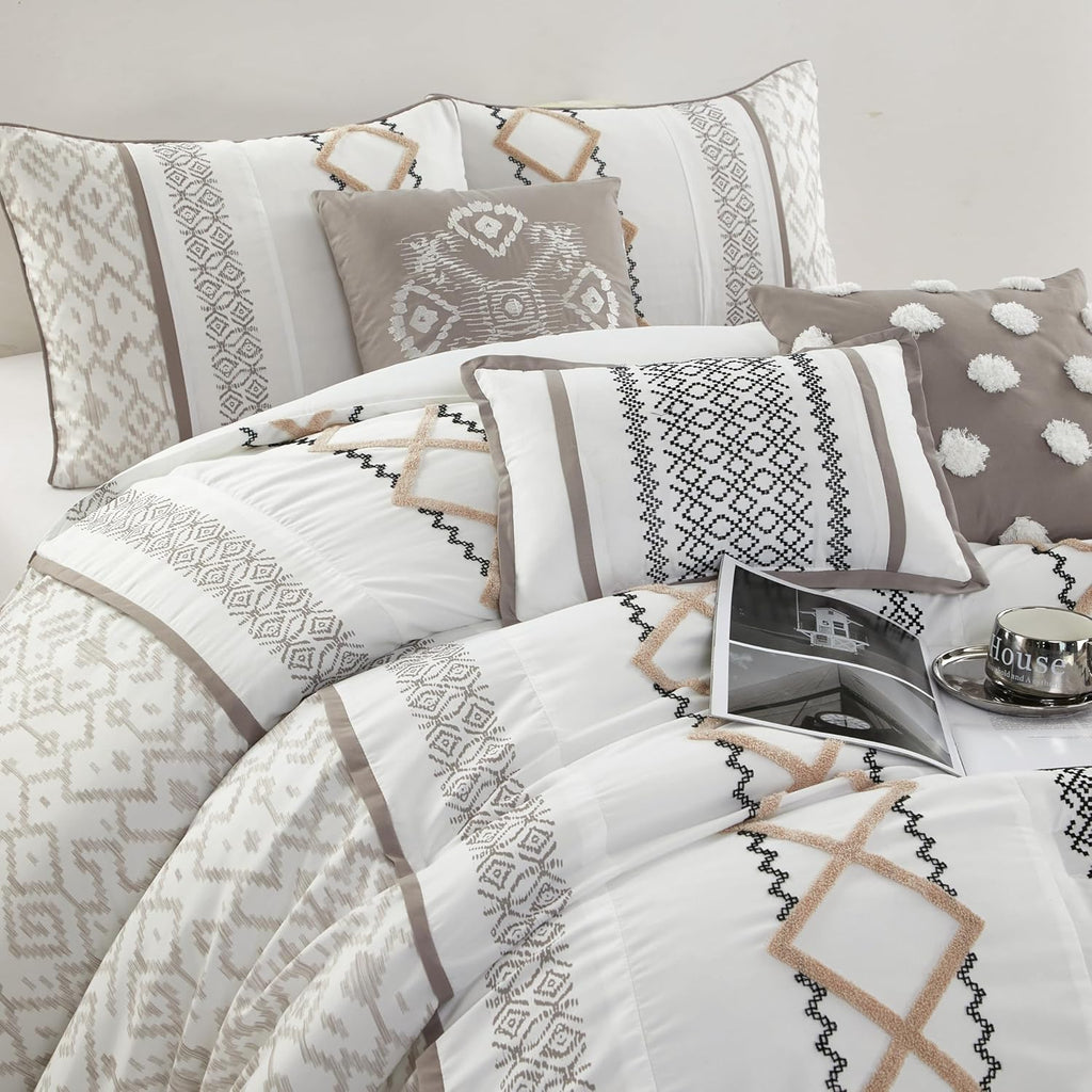 Grand Avenue Taupe Comforter Set King Size, 15 Piece Terry Embroidery All Season Room-in-A-Bag, Matching Curtains, Sheet Set, Pillows & Shams