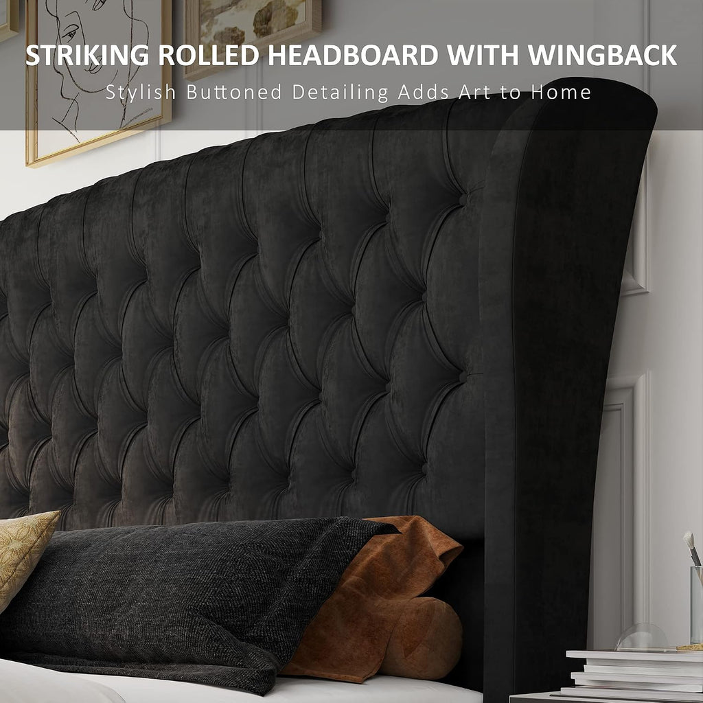 AMERLIFE Queen Size Platform Bed Frame, Velvet Upholstered Sleigh Bed with Scroll Wingback Headboard Footboard/Button Tufted/No Box Spring Required/Easy Assembly/Black