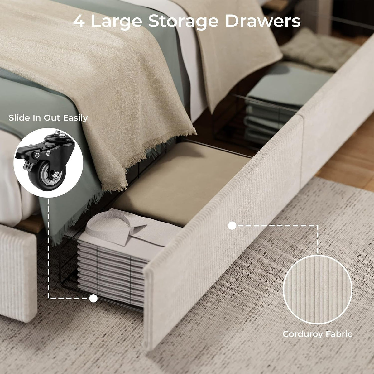 Garvee Corduroy Full Bed Frame with Headboard, Platform Upholstered Bed Frame with 4 Storage Drawers and Wooden Slats Support, No Box Spring Needed, Beige