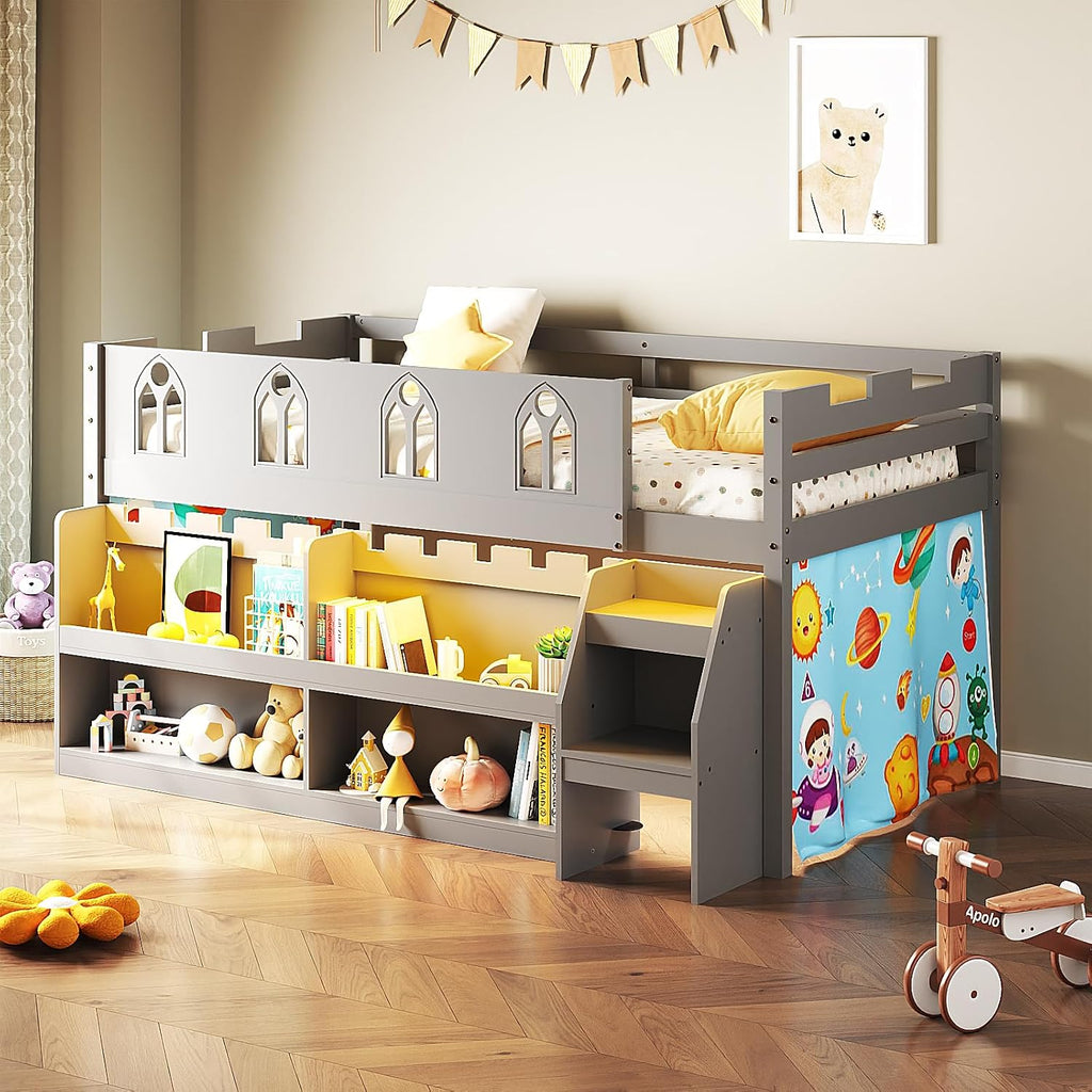 JOYMOR Low Loft Bed with LED Lights, Twin Loft Bed with Stairs, Safety Guardrail, Curtain, Wooden Bed Frame for Kids with Storage Bookcase and Under-Bed Play Space (Gray)