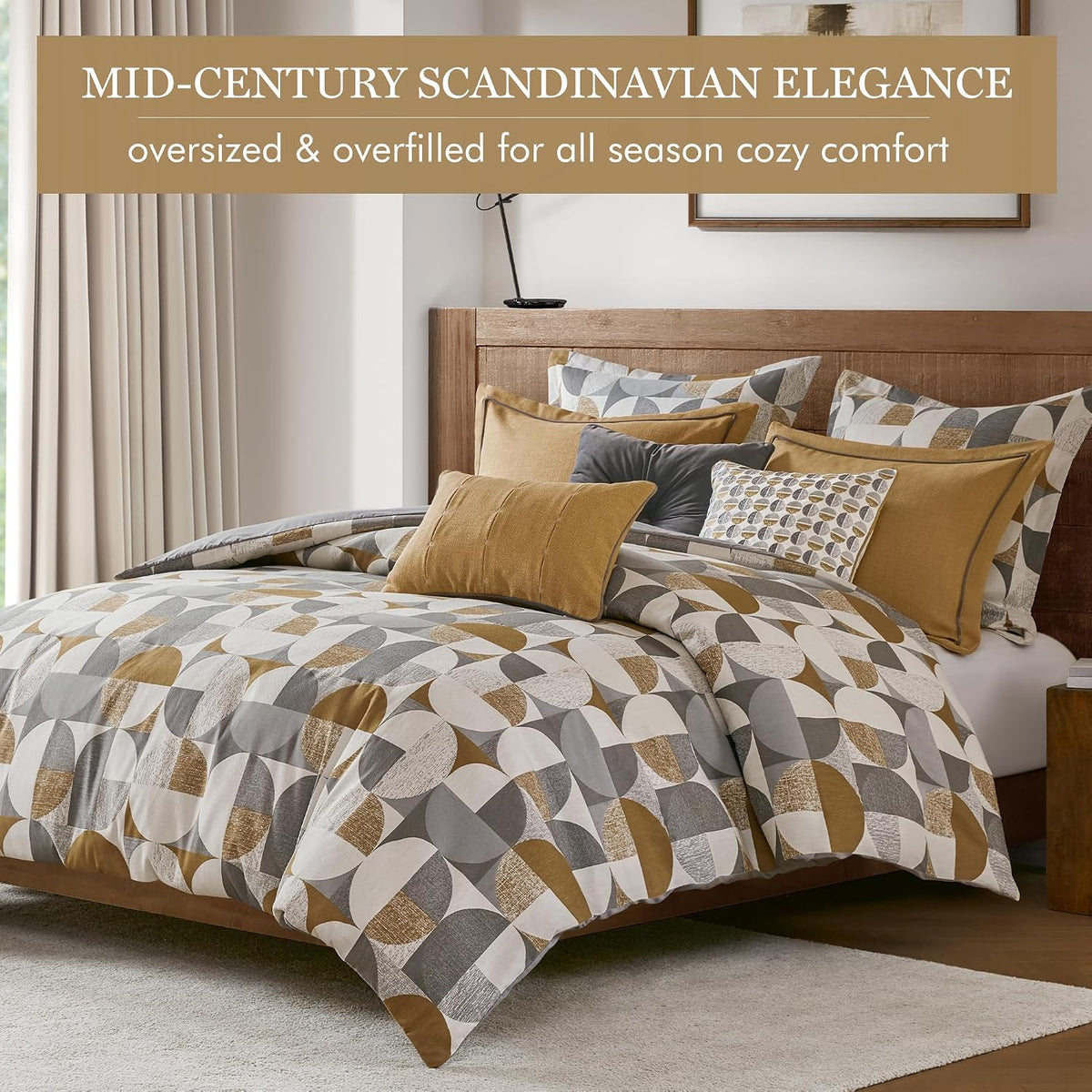 Madison Park Queen Comforter Set Jacquard Scandinavian Geometric Oversized Comforters Queen Size Bed, All Season Bedding Queen Size Comforter, Shams, Pillows, Cirque, Queen Gold 8 Piece