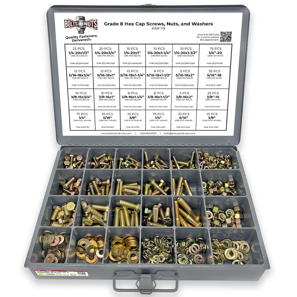 Grade 8 Hex Cap Bolts Screws, Nuts, Washers, Lock Washers Assortment Kit - 574 Pieces!
