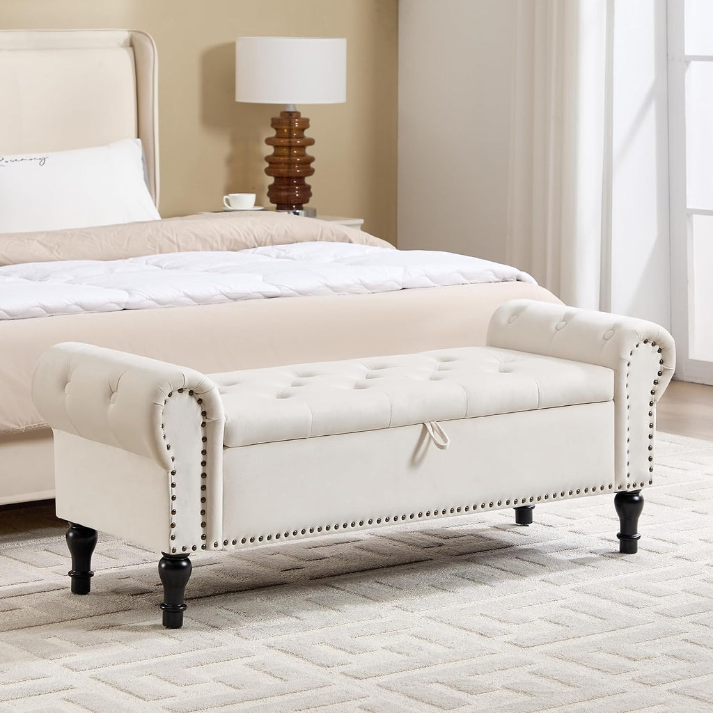 Storage Bench for Bedroom, 51' Upholstered End of Bed Bench, Velvet Queen Size Benches with Rolled Arms, Tufted Button Storage Long Ottoman, Living Room, Entryway, Beige