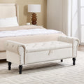 Storage Bench for Bedroom, 51' Upholstered End of Bed Bench, Velvet Queen Size Benches with Rolled Arms, Tufted Button Storage Long Ottoman, Living Room, Entryway, Beige