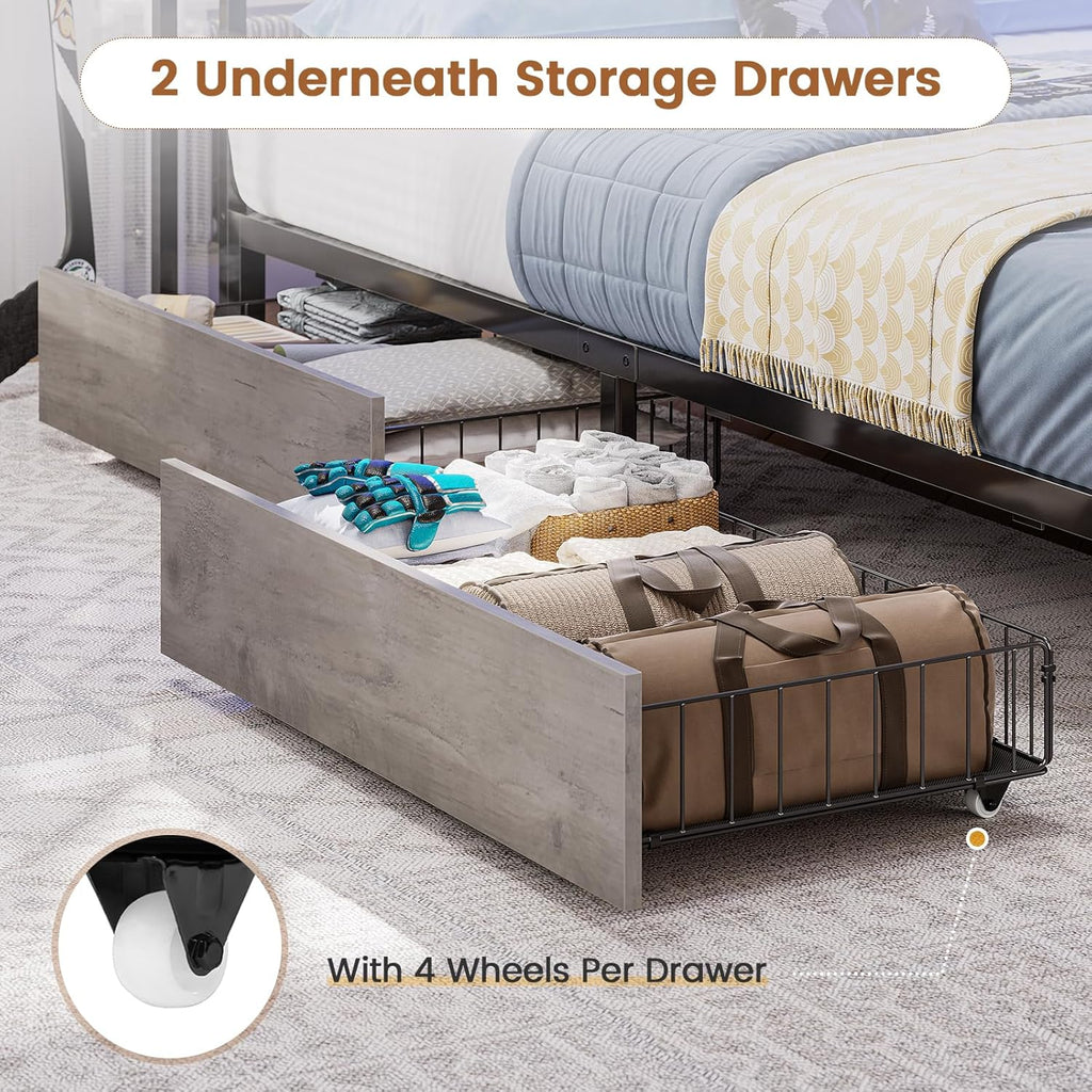 Hasuit Full Corner Bed Frame with Storage Bookcase, Full Size Daybed with 2 Underneath Storage Drawers, Kids Bed Unit with Charging Station and LED Light, Modern Teenagers Bedframe, Oak Gray