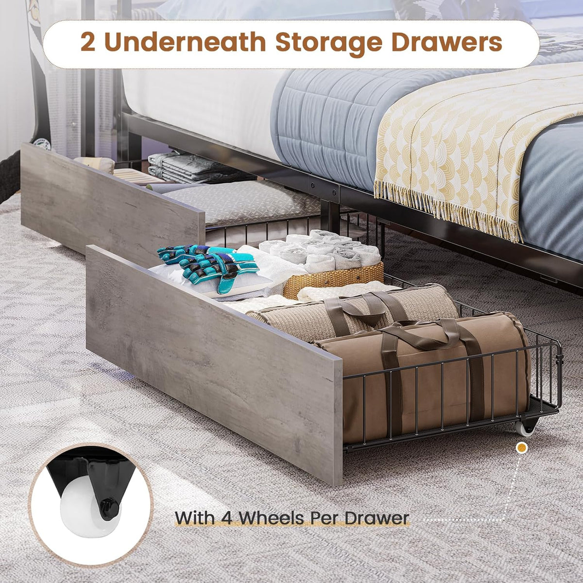 Hasuit Full Corner Bed Frame with Storage Bookcase, Full Size Daybed with 2 Underneath Storage Drawers, Kids Bed Unit with Charging Station and LED Light, Modern Teenagers Bedframe, Oak Gray