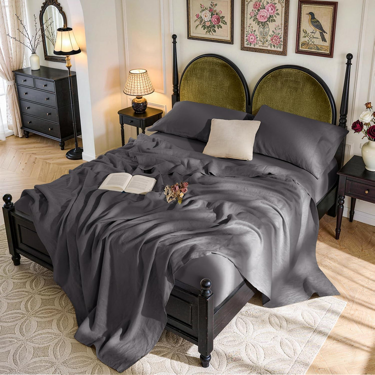 SONORO KATE 100% French Pure Linen Sheets, Breathable and Durable Linen King Size Sheets, Anti-Tear Linen Bed Sheets, Machine Washable, 16 Inch Deep Pocket - 4 Piece (Dark Grey, King)