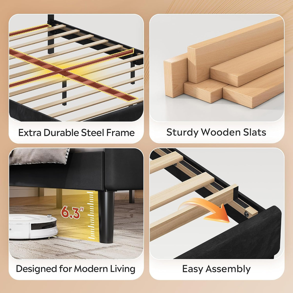 WLIVE Upholstered Bed Frame, Queen Bed Frame with Headboard, Platform Bed with Wood Slats, 1500LBS Mattress Foundation, No Box Spring Needed, Easy Assembly, Velvet Black
