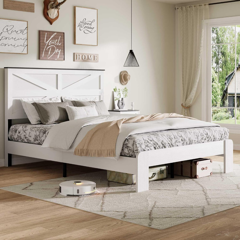Ball & Cast Queen Size Bed Frame,Wood Platform Bed Frame Queen with Headboard and Metal Slats Support, No Box Spring Needed, Noise-Free, Easy Assembly, Dark Brown,White
