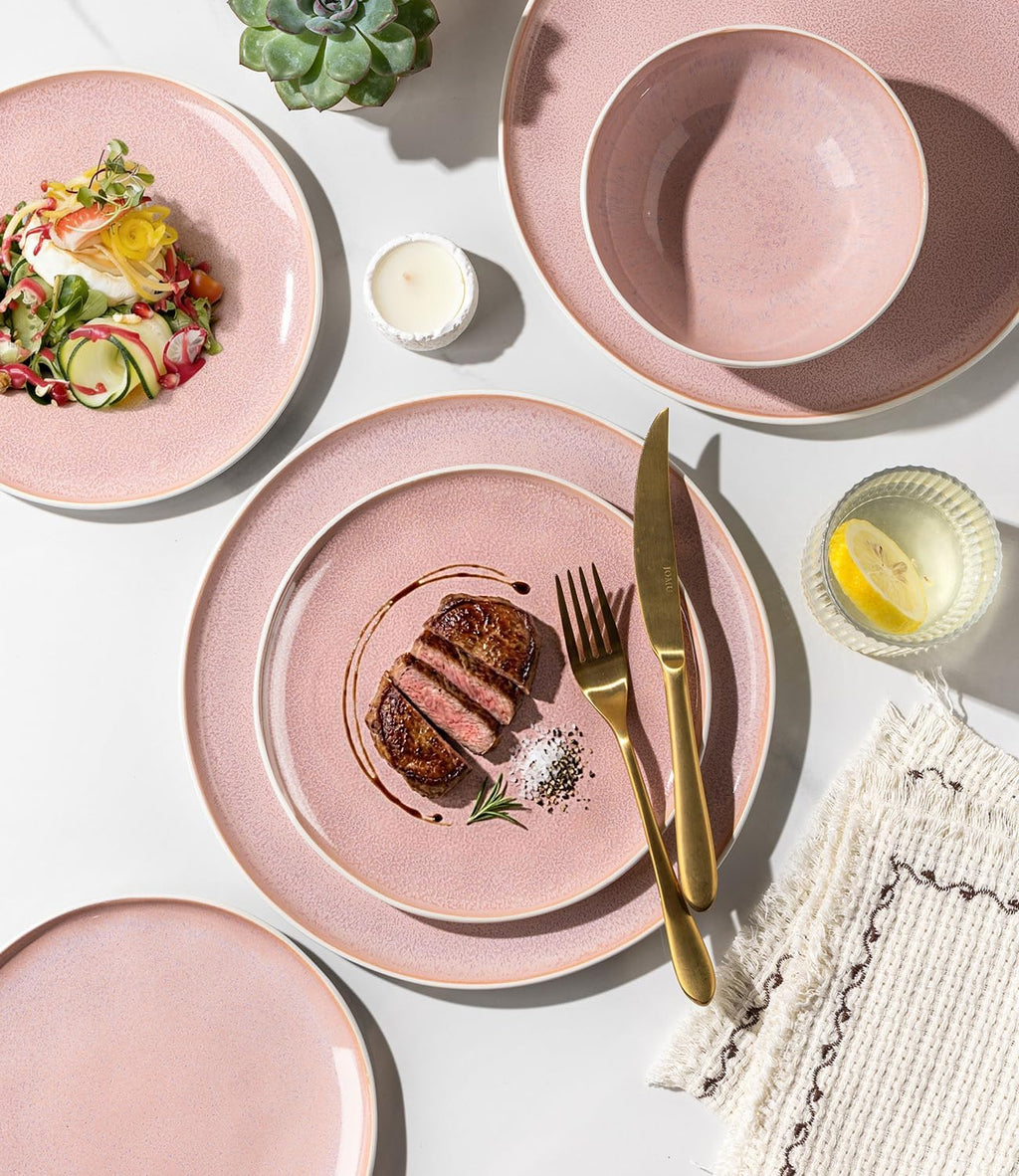 GBHOME Stoneware Dinnerware Sets for 6, 24 Pieces Rustic Ceramic Plates and Bowls Set, Handmade Reactive Glaze Plate Sets, Highly Chip Resistant Dishes, Microwave & Dishwasher Safe, Pink