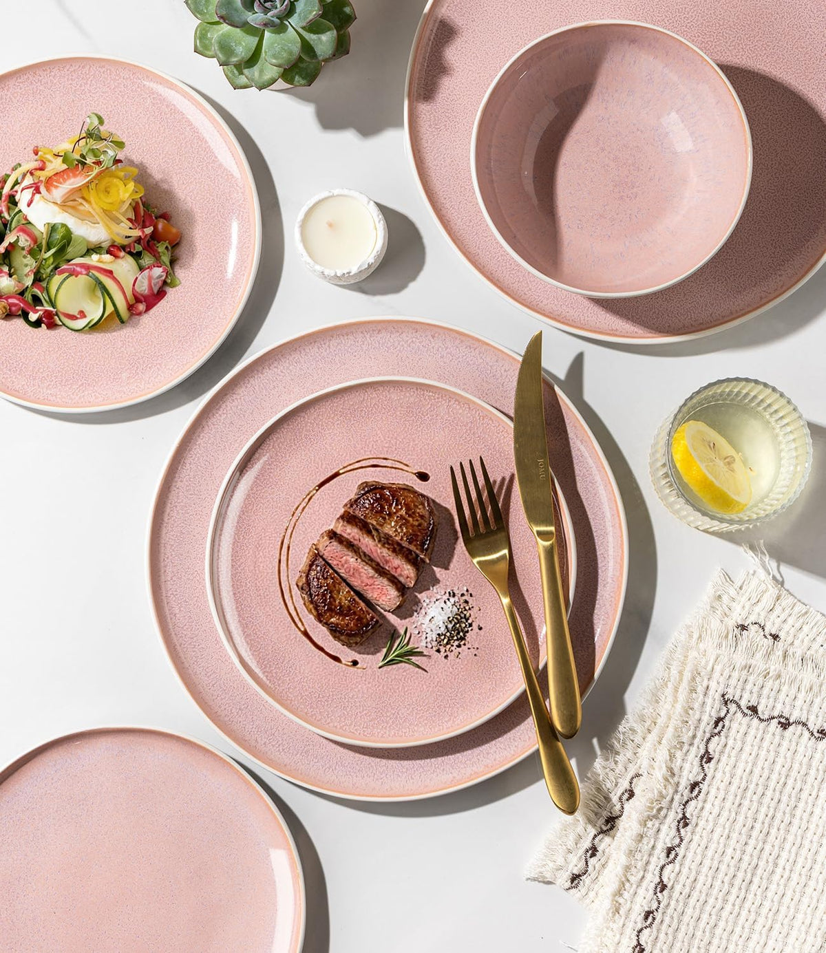 GBHOME Stoneware Dinnerware Sets for 6, 24 Pieces Rustic Ceramic Plates and Bowls Set, Handmade Reactive Glaze Plate Sets, Highly Chip Resistant Dishes, Microwave & Dishwasher Safe, Pink