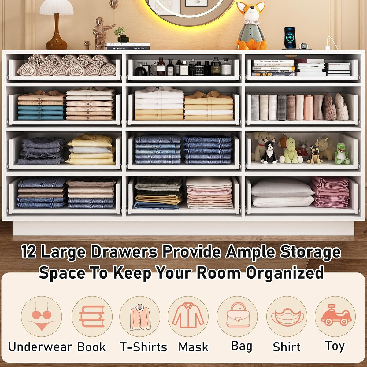 chartustriable White 12 Drawers Dresser w/Power Outlet,60000-Colors Lights for Kids Bedroom,Modern 63In Long Dresser for Closet,Wooden Tall Dressers w/Large Storage for Entryway,Hallway
