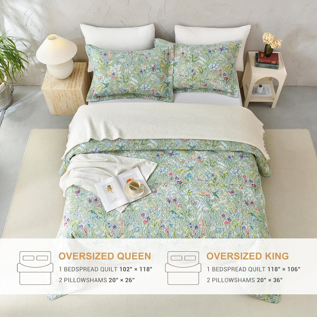 Lady Ann 100% Cotton Floral Cal King Quilt Set - Green Flower Bird Butterfly Pattern Print Quilted 118x106 Bedspread & Coverlet Set, 3 PCS Lightweight Extra Soft King Bedding Sets All Season