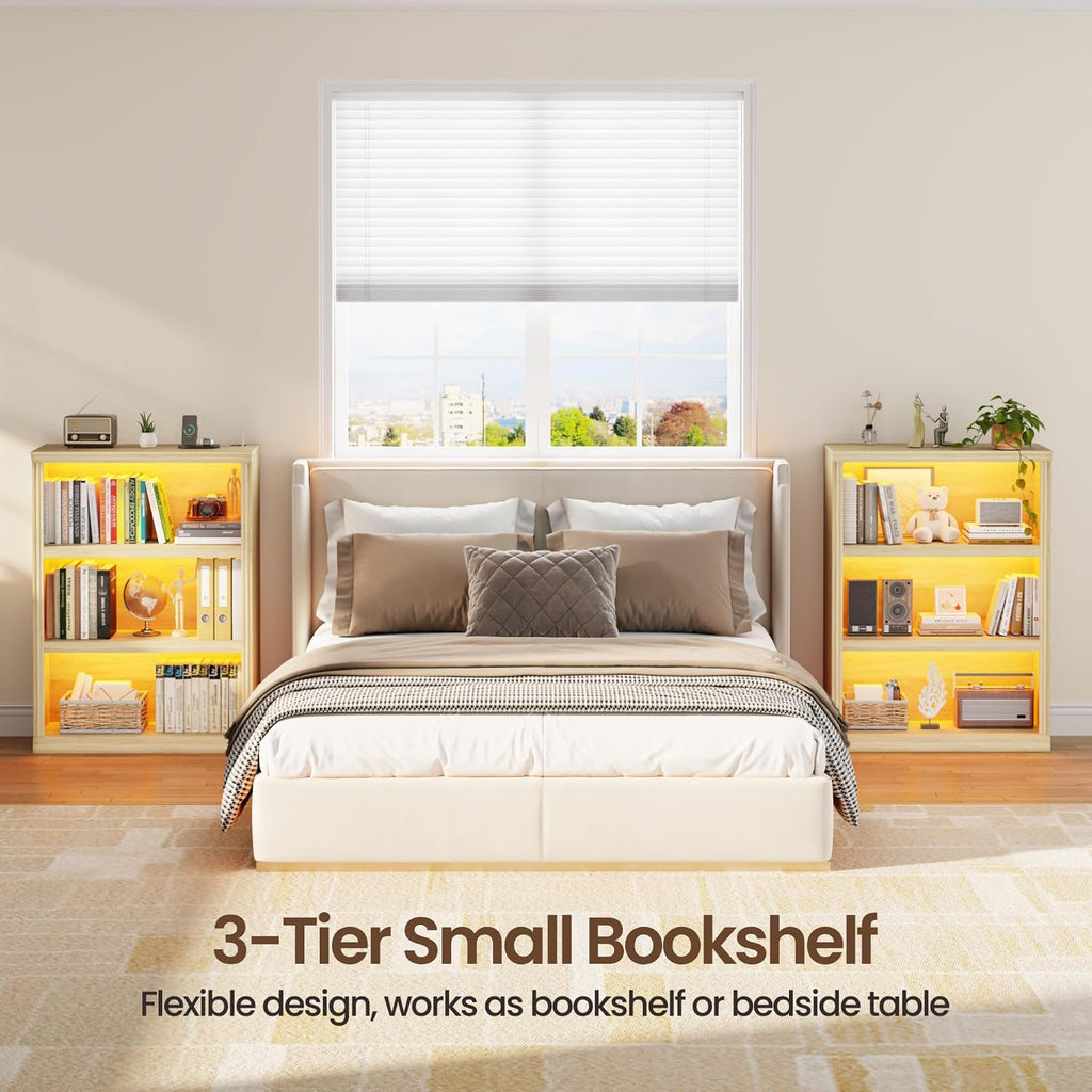3-Tier LED Bookshelf with Motion Sensor Lights - USB Charging Module - Adjustable Modular Display Shelf 31.5 W x 43.3 H for Bedroom Living Room Home Office Apartment - Natural Wood