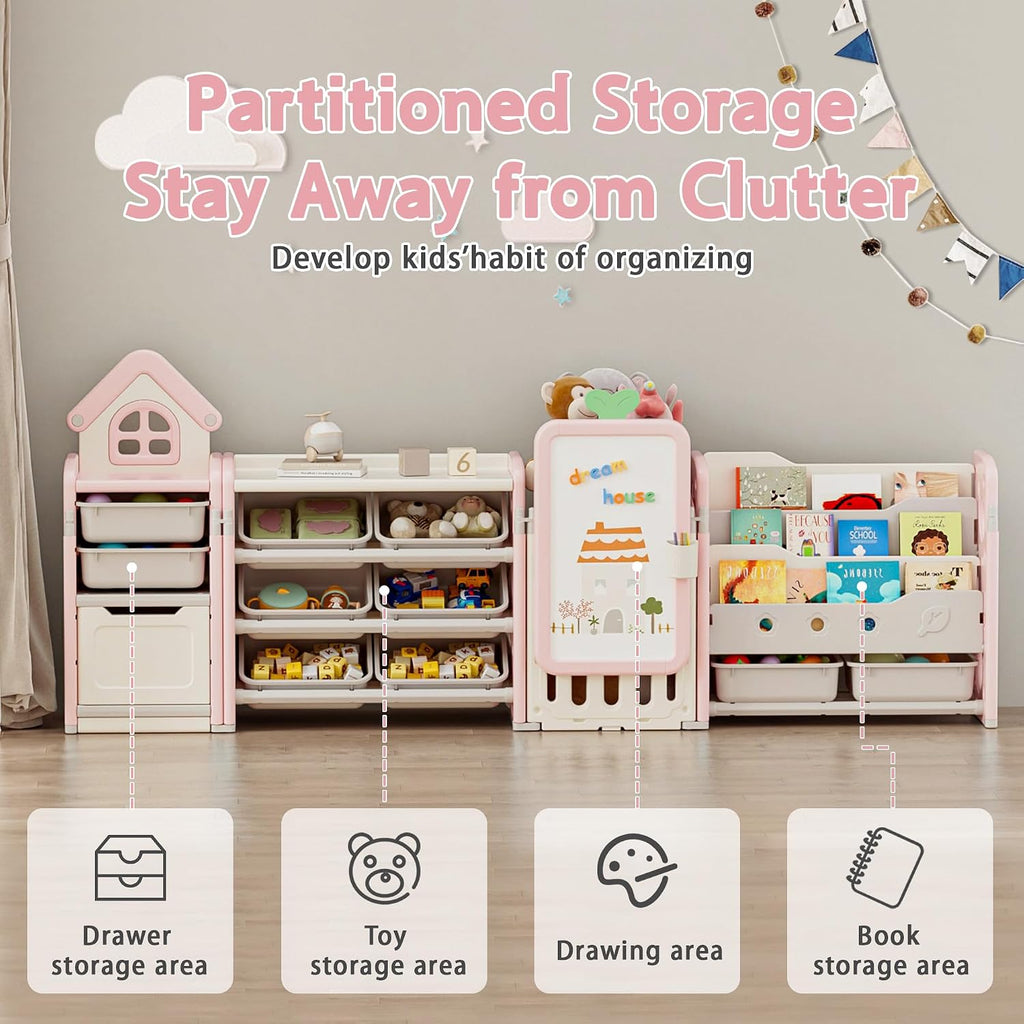 Kids Toy Storage Organizer with 10 Removable Bins, Foldable Toy Organizers and Storage with 3-Tier Bookshelf for Kids Toy Storage Organizer with Drawing Board, Extra 3 Brushes (4 In 1 Light Pink)