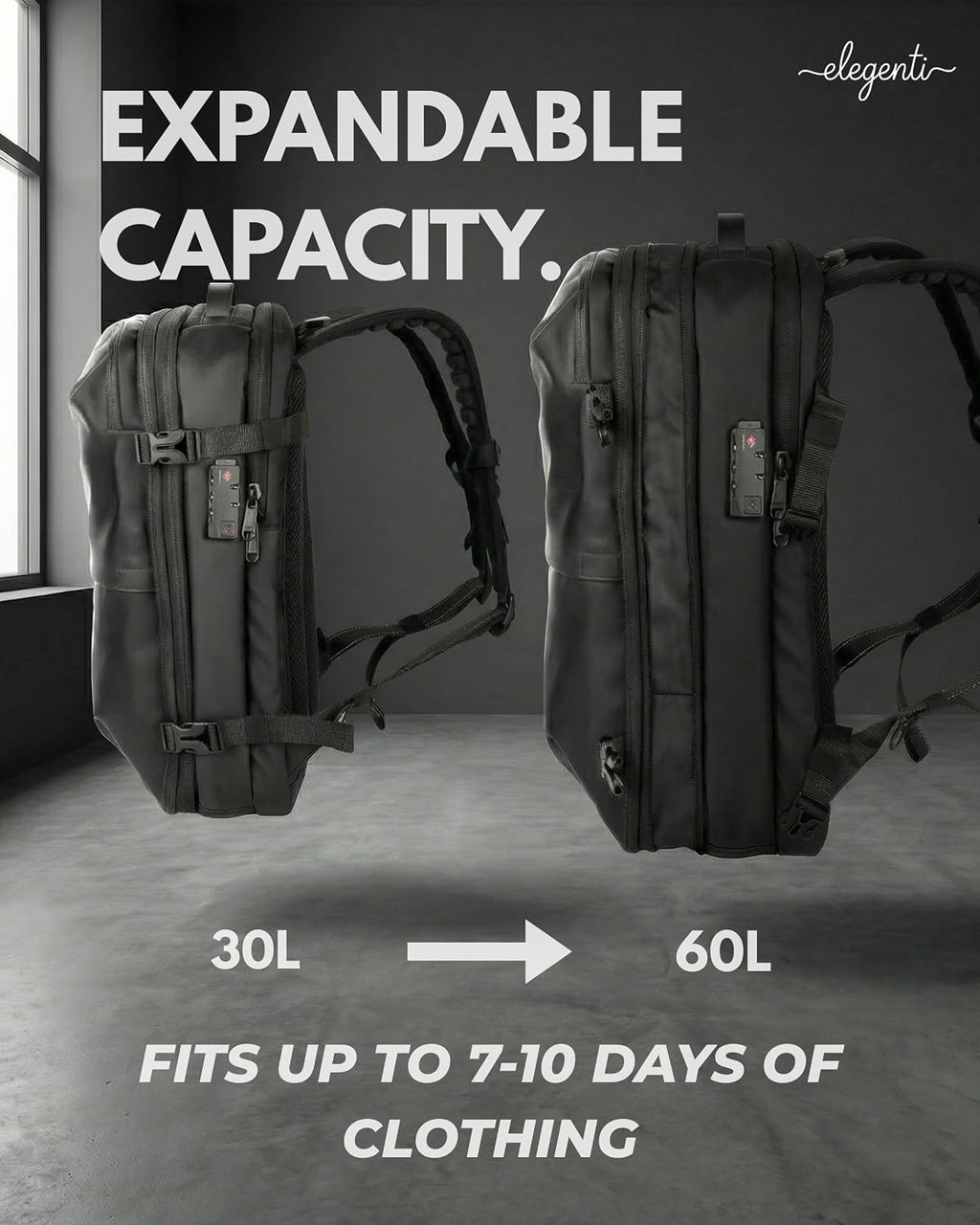 Expandable Vacuum Travel Backpack with Compression System & Pump | 60L Carry On Backpack with TSA Lock, Laptop Sleeve & Water Resistant Shell | Black