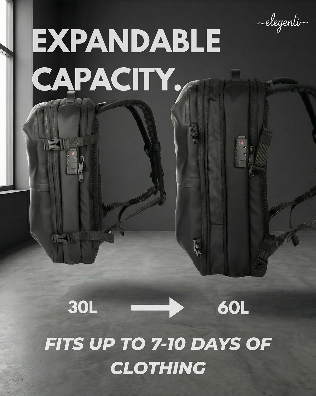 Expandable Vacuum Travel Backpack with Compression System & Pump | 60L Carry On Backpack with TSA Lock, Laptop Sleeve & Water Resistant Shell | Black