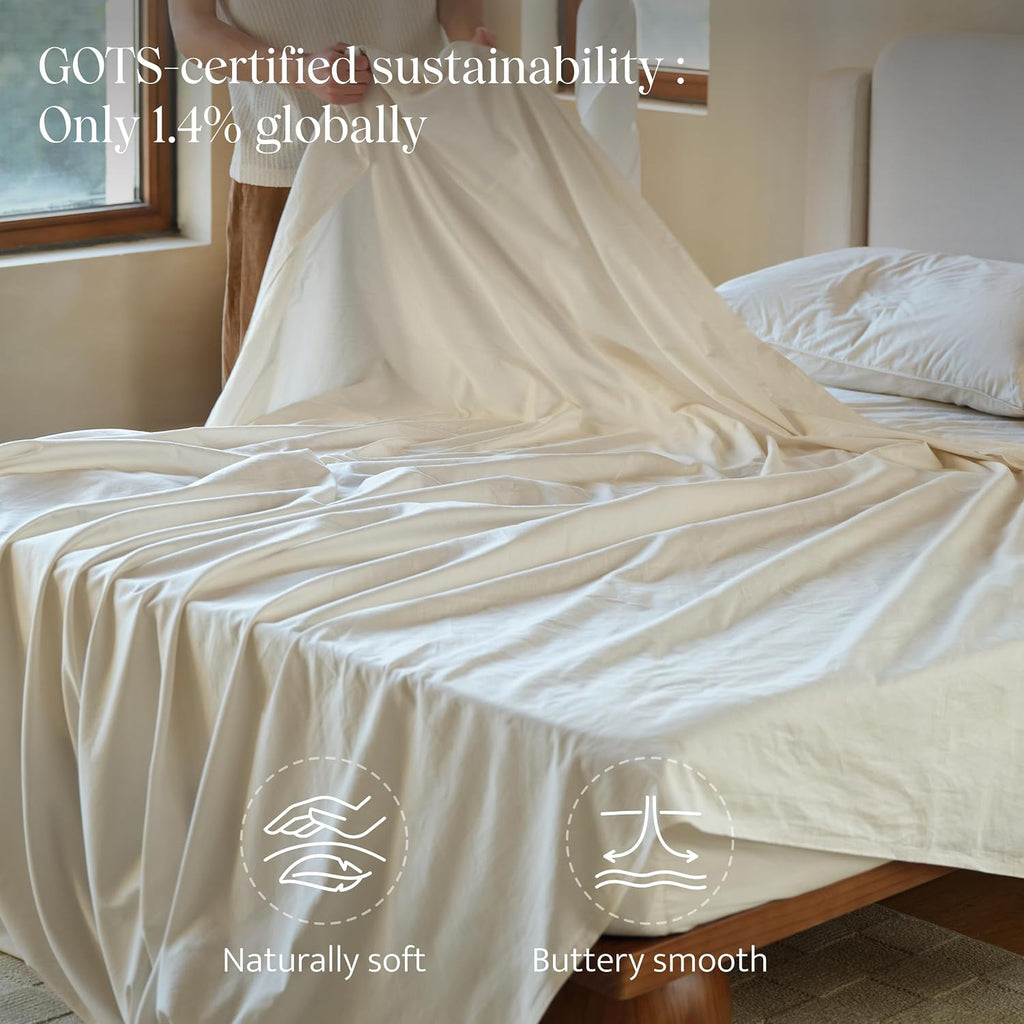 Double Stitch 100% Organic Cotton Sheets, Queen Sheet Set, GOTS Certified Long Staple Cotton Bedsheets, Luxury & Soft Hotel Bed Sheets with 16 inches Deep Pocket, Made in India Coconut Milk