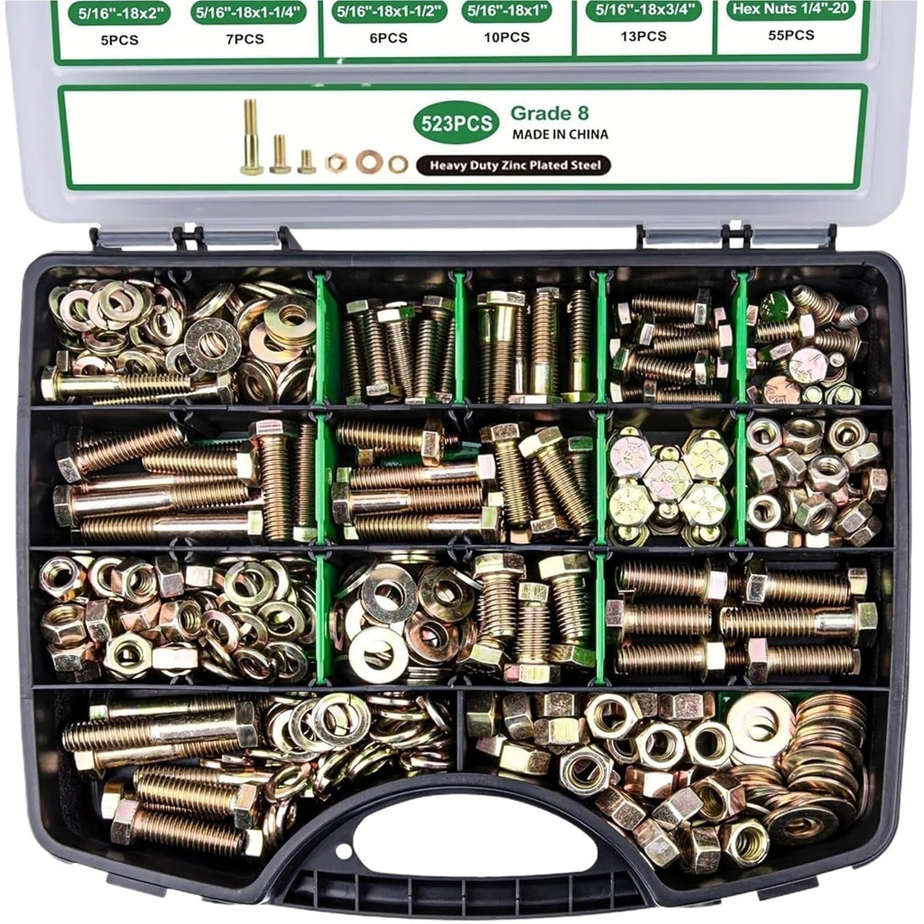 Set Screw Assortment Kit 523PCS Heavy Duty Hex Bolts and Nuts Assortment Kit for Homeowners,DIYers,Mechanics,Industrial Workers